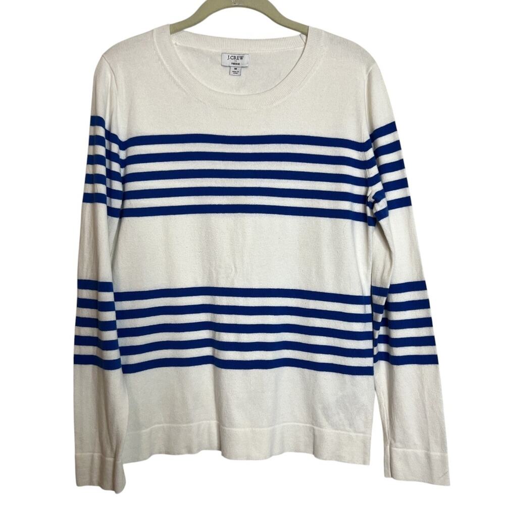 J Crew Factory Teddie Striped Sweater Medium Ivory Blue Cotton Crewneck